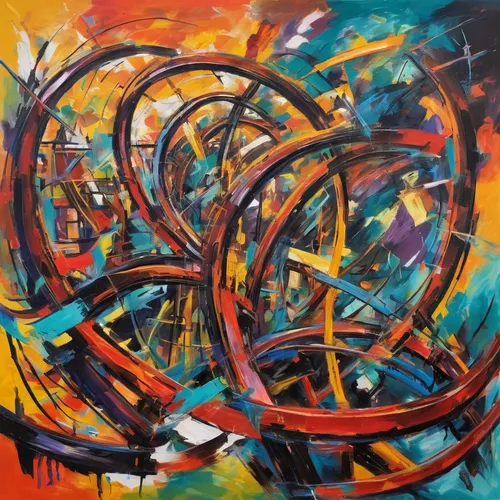 Imagine a thrilling action sequence with a mechanical pencil on a rollercoaster.,abstract painting,abstract artwork,colorful spiral,armillary sphere,abstracts,time spiral,abstract corporate,spiralling