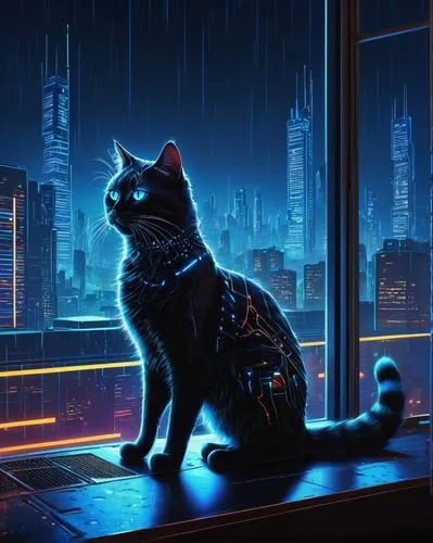 cyberpunk,cat on a blue background,rain cats and dogs,cat vector,night watch,sci fiction illustration,night administrator,blue rain,dusk background,cat,neon lights,black cat,neon light,cyber,the cat,stray cat,night scene,blue light,blu,thunderstorm mood,Illustration,Vector,Vector 09