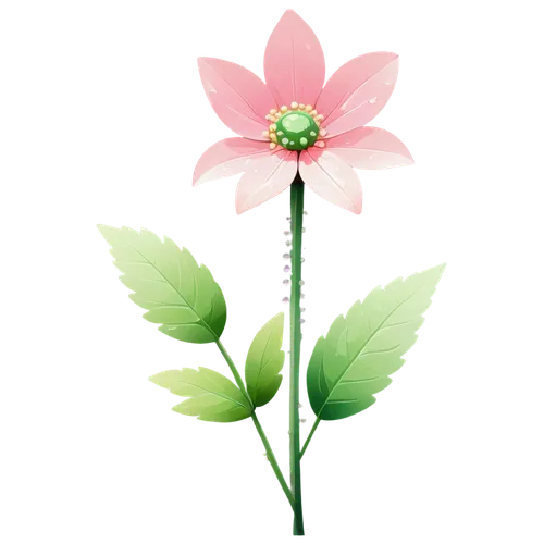 A colorful flower, blooming petals, soft pink center, delicate green stem, leaves with veins, water droplets, gentle morning light, shallow depth of field, 3/4 composition, warm color tone, soft focus