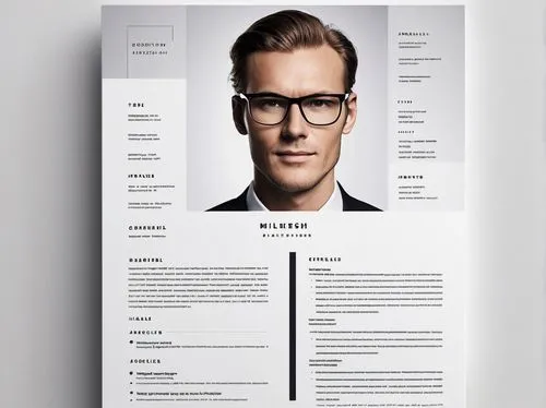 Modern architectural CV format, sleek minimalist design, A4 size, white background, clean typography, bold font for headers, simple icon graphics, professional photo of architect in black suit, white 