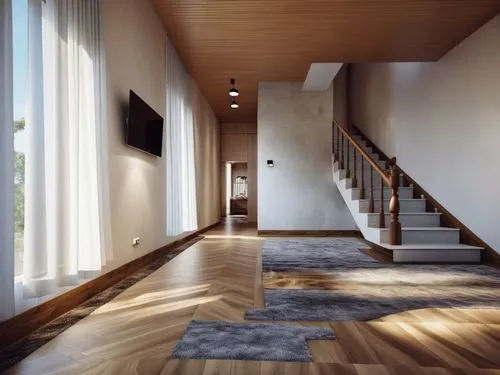 北歐風,a large open room with a stair case next to some windows,hardwood floors,hallway space,wood floor,wooden floor,home interior,wooden stair railing,Photography,General,Realistic