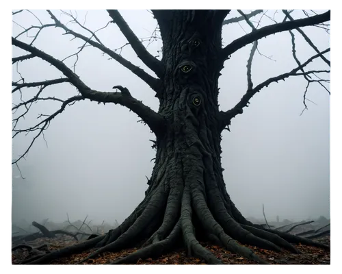 creepy tree,old gnarled oak,isolated tree,tree thoughtless,gnarled,old tree,the roots of trees,dense fog,dead wood,elm tree,veil fog,old tree silhouette,black oak,ghost forest,halloween bare trees,the branches of the tree,forest tree,tree and roots,deciduous tree,strange tree,Illustration,Japanese style,Japanese Style 18