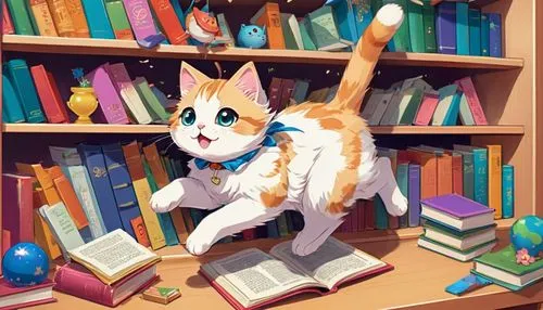 "An adorable anime cat caught in the act of tumbling off a bookshelf, with a dramatic look of surprise, surrounded by falling books and scattered knick-knacks.",bookworm,bibliophile,librarian,scholar,