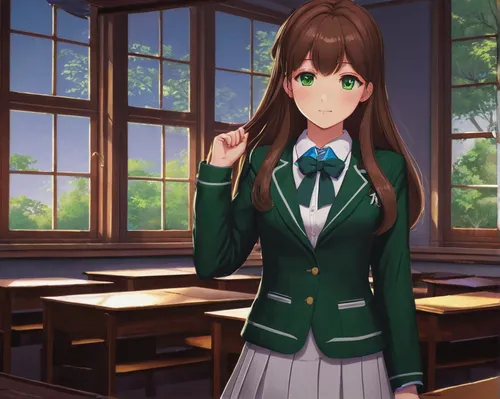 green jacket,mikuru asahina,euphonium,green background,wiz,emerald,mc,green wallpaper,lily of the field,pine green,hojicha,green eyes,classroom,holding a gun,tsumugi kotobuki k-on,chlorophyll,iris on piano,azalea,green screen,erika,Illustration,Realistic Fantasy,Realistic Fantasy 27