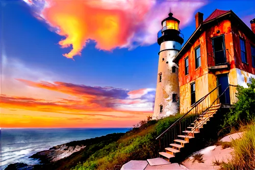 Old Baldy Lighthouse, standing alone, rugged coastline, sunset scene, golden hour, dramatic clouds, weathered exterior, worn paint, rusty lantern room, spiral staircase, nautical details, warm lightin