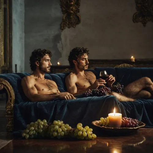 2 Antique roman men 30 years old, eating grapes when he is lying on a sofa, like César in his palace, shirtless,bacchanalia,winemakers,romanos,caravaggio,romanorum,satyrs,bacchus,dorne,machos,romantic