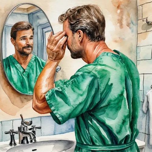 Image is from the film 'The Dose' (2021). A man in green scrubs holds his hand over his eye as he looks into a bathroom mirror.,makeup mirror,the long-hair cutter,the mirror,shaving,personal hygiene,a