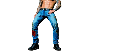 Cruz tattoo design, 3D, muscular male, shirtless, colorful sleeve tattoos, abstract patterns, skulls, snakes, roses, bold lines, vibrant colors, metallic sheen, ripped jeans, heavy boots, confident st