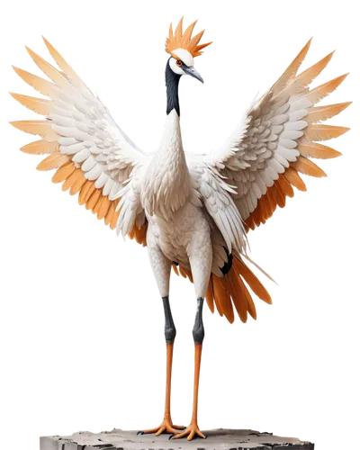 Large crane bird, white feathers, orange crown, long neck, sharp beak, standing pose, wings slightly open, bright eyes, detailed plumage texture, morning sunlight, soft focus background, 3/4 compositi