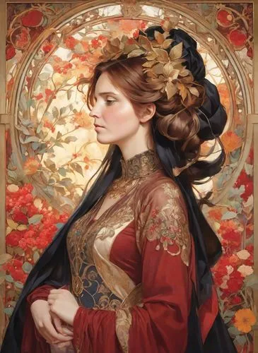 A surreal and mesmerizing painting by Alphonse Mucha, reflecting the influence of Qajar art, depicting an enigmatic woman with two luxurious cones of curled hair on the sides of her head, above her te