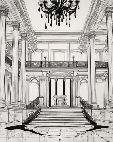 cochere,ballroom,neoclassical,empty hall,marble palace,entrance hall,bolshoi,proscenium,sketchup,ornate room,ballrooms,entranceways,staircase,palatial,backgrounds,wedding hall,mansion,empty interior,hallway,grandeur,Illustration,Black and White,Black and White 34