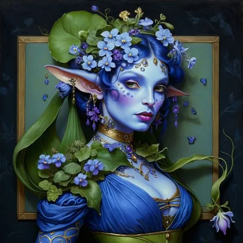 blue-skin lady with a wide-cow-like nose and horns with violets and fairy-frogs
,a woman in blue holding flowers and leaves,fantasy portrait,faerie,violet head elf,elven flower,blue enchantress,fantas