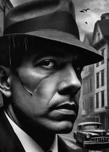 al capone,film noir,detective,digital painting,black businessman,world digital painting,holmes,sherlock holmes,inspector,mafia,godfather,frank sinatra,harlem,charcoal drawing,smooth criminal,pencil drawing,investigator,city ​​portrait,street artist,smoking man,Photography,Black and white photography,Black and White Photography 07