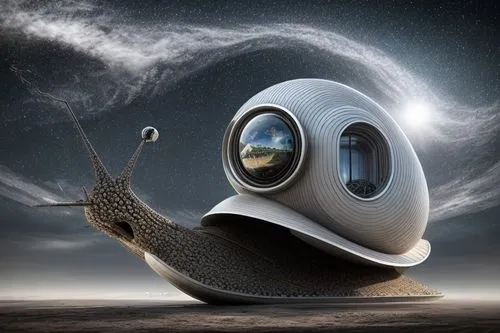 Caracol con una casa futurista sobre su caparazon,diving helmet,diving mask,space capsule,surrealism,spacecraft,snail,wind machine,astronaut helmet,astronomer,brauseufo,space probe,extraterrestrial li