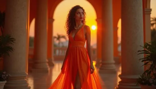 Vibrant orange red dress, mature lady, standing confidently, one hand on hip, high heels, long curly hair, bold red lipstick, elegant pearl necklace, luxurious villa, warm sunset lighting, soft focus 