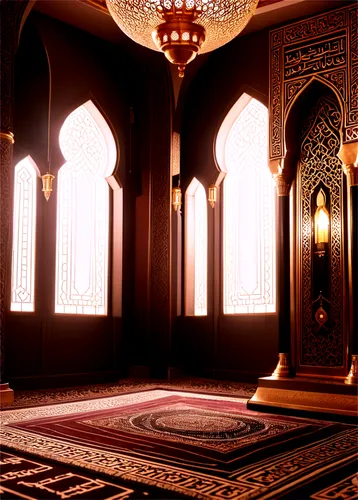 Interior mosque, grand chandelier, intricate arches, ornate columns, soft carpet, prayer mats, mihrab niche, minbar pulpit, Islamic calligraphy, geometric patterns, warm lighting, golden accents, 3/4 