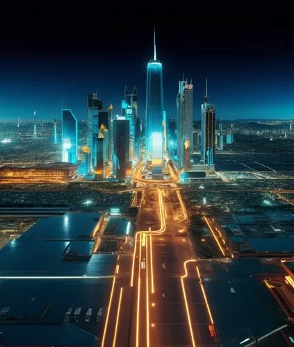 an aerial view of a city and its highway,cybercity,superhighways,megapolis,city at night,megacities,city highway,Photography,General,Realistic