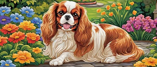 Imagine a peaceful painting featuring a regal Cavalier King Charles Spaniel in a beautiful garden.,cavalier king charles spaniel,king charles spaniel,kooikerhondje,welsh springer spaniel,st bernard ou