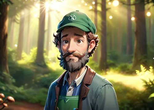 A 50 year old man, he is a forester, he is wearing a cap with a logo on it, his beard is greay and chesnuts colored, he is wearing forester clothes green and brown colored, he has a few rickles on his