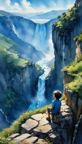 Child perched on a mountain precipice, eyes tracing the winding path of the river, gabbing for water's edge, with a cascading waterfall in the distance, ocean's horizon reaching towards sky, watercolo