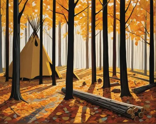 Sticks, forest, autumn, afternoon, sun rays filtering through trees, detailed wood texture, varying lengths, scattered on ground, some leaning against tree trunks, others forming a small teepee, falle