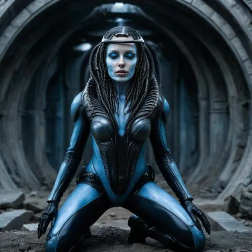 Make her full body, kneeling, with pale blue skin, dark spacesuit tight to her body, H. R. Giger style, with her alien hair reaching the ground. The setting is the ruins of an alien civilization, on a