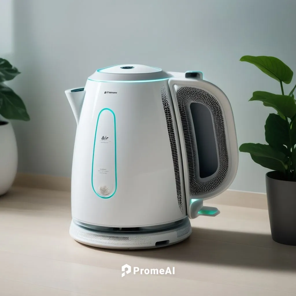 a white and blue electric kettle with a plant,delonghi,robocup,keurig,breville,dehumidifier,smarttoaster