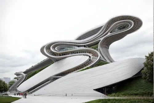 morden bridge in between river and two park with people walking and cycling on it.,futuristic art museum,futuristic architecture,helix,tiger and turtle,sinuous,falkirk wheel,ski jump,steel sculpture,d