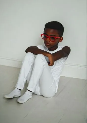 a black skinny teen boy, wearing red glasses, sitting on the ground on a white room,an african american boy is sitting on the floor,merlyn,labrinth,theophilus,dedekind,bti,damani,Photography,Documenta