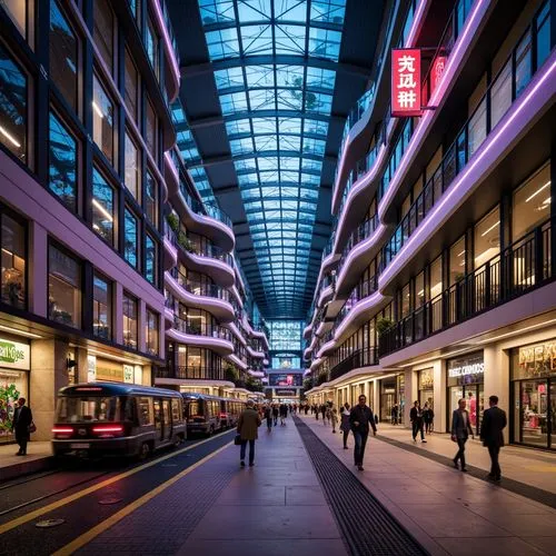 Vibrant transportation hub, neon-lit signage, sleek metallic accents, modern architectural curves, dynamic LED displays, bustling pedestrian walkways, urban landscape, concrete flooring, stainless ste