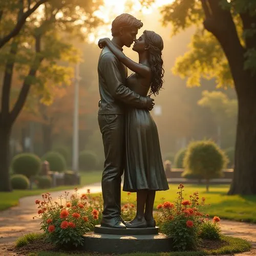 Romantic campus scene, warm sunlight filtering through trees, bronze statue of a young couple embracing, subtle facial expressions, intricate details on clothing, gentle rust color tone, natural textu