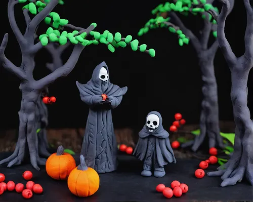 Write a spooky story set in a dark forest with swedish mountain ash.,halloween ghosts,halloween scene,halloween pumpkin gifts,marzipan figures,halloween background,halloween bare trees,halloween decor