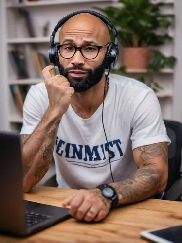 Joe Budden, podcast host, male, 40s, casual pose, relaxed facial expression, messy brown hair, black framed glasses, white T-shirt, dark blue jeans, sneakers, sitting, microphone, headphones, laptop, 