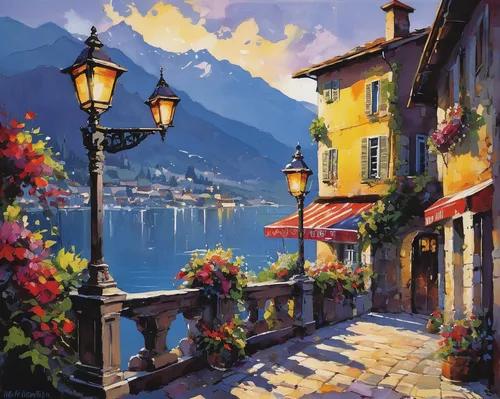 bellagio,malcesine,lake como,montreux,italian painter,lago di lugano,lake maggiore,portofino,ascona,lake garda,riva del garda,street lamps,positano,amalfi,italy,gas lamp,liguria,cavtat,ticino,lake geneva,Conceptual Art,Oil color,Oil Color 09