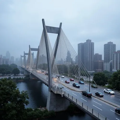 Futuristic vehicular bridges, sleek metal arches, suspension cables, LED lighting systems, dynamic traffic flow, urban cityscape, modern infrastructure, steel beams, reinforced concrete pillars, canti