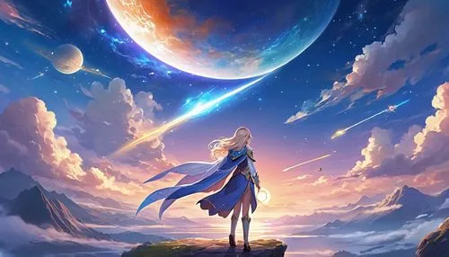 Beschreibung der Illustration im Anime-Kunststil: Studenten tragen Bachelor-Uniformen und halten eine Abschlusszeremonie ab.8k,allura,cielo,azure,fantasia,sky,moon and star background,lapis,merus,beau