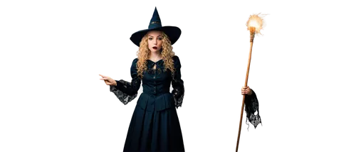 Witch, pointed hat, black outline, wide brim, tall crown, golden buckle, mysterious eyes, pale skin, dark eyeliner, bold eyebrows, crimson lips, long curly hair, black dress, lace collar, broom nearby