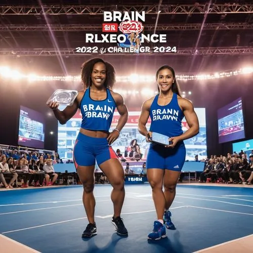 A captivating image of two stunning women participating in the Brain vs Brawn Challenge 2024. The first woman is a scholar, wearing a smart outfit, holding a tablet, and solving a complex puzzle. The 