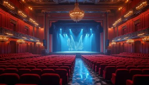 Vibrant concert hall, rich wood tones, luxurious red velvet seats, golden lighting fixtures, ornate architectural details, grand chandeliers, sophisticated black and white marble floors, dramatic spot