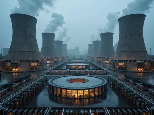 Mirrored cooling towers, symmetrical steam vents, gleaming metallic surfaces, uniform pipe networks, precise angular lines, futuristic architecture, circular reactor buildings, central control rooms, 