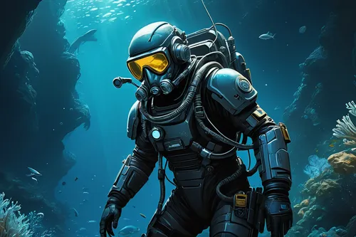 aquanaut,scuba,divemaster,diving helmet,scuba diving,deep sea diving,underwater diving,diving equipment,dry suit,diver,underwater background,undersea,submersible,diving mask,sea devil,dive computer,deep sea,ocean floor,marine tank,marine life,Conceptual Art,Oil color,Oil Color 04