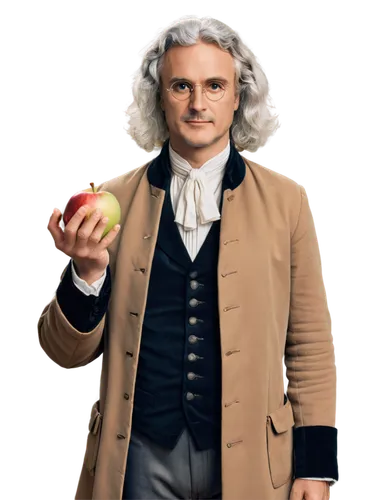 Isaac Newton, historical figure, solo, (60yo), wise expression, grey wig, bushy eyebrows, white beard, 17th-century attire, brown coat, white shirt, black waistcoat, holding apple, standing, natural p