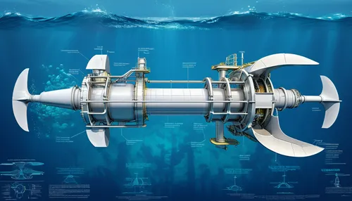 "Underwater" tidal turbine electricity production farm, super high resolution realistic architectural rendering, modern underwater turbine systems, high-tech, super rich details, 16k,deep-submergence 