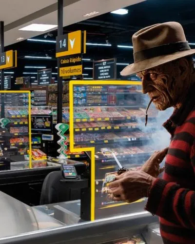 meat counter,cashier,hamburglar,hamster buying,gambinos,krueger