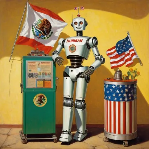 mexcan,robots,automated teller machine,robotics,americana,robot icon,robot in space,america,imperialist,robot,usa old timer,united states of america,usa,military robot,tin toys,overtone empire,tijuana,social bot,assimilation,flag day (usa),Illustration,Retro,Retro 10