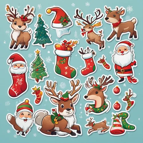 Develop whimsical Christmas illustrations with playful elves, magical reindeer, and festive stockings. Design a magical ambiance for an enchanting and fantastical holiday.,christmas stickers,christmas