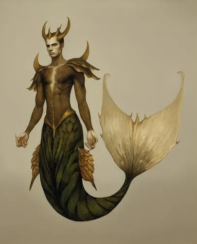 dark male mermaid,a woman in costume with horns and wings,cernunnos,male elf,vladislaus,kinnara,merfolk,ifrit,Illustration,Realistic Fantasy,Realistic Fantasy 09