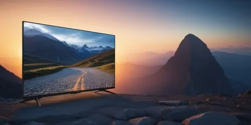 a philips tv with a dark light background cracked stone floor and mountain on the back,the samsung smart ole tv is displaying on an open mountain,plasma tv,hdtv,smart tv,television,hdtvs,televisions,P