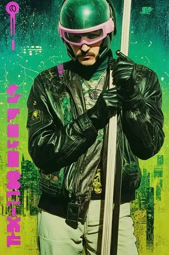 cyberpunk, vaporwave, syfy, 1990,a man is holding up his ski poles,cyberpunks,petrol,patrol,technopop,timecop,jdf,Art,Artistic Painting,Artistic Painting 07