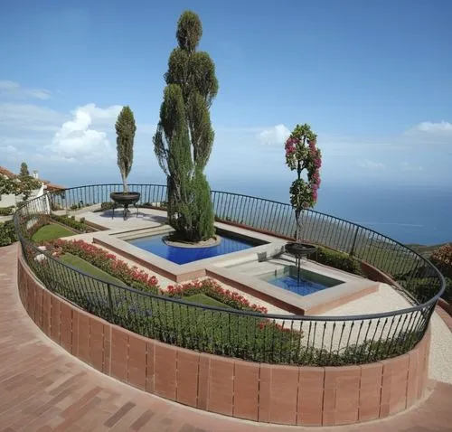 1. statues
2. landscape design
3. colorful flowers
4. green bushes,a circular garden that is surrounded by hedges and bushes,landscape designers sydney,balustrades,roof top pool,landscape design sydne